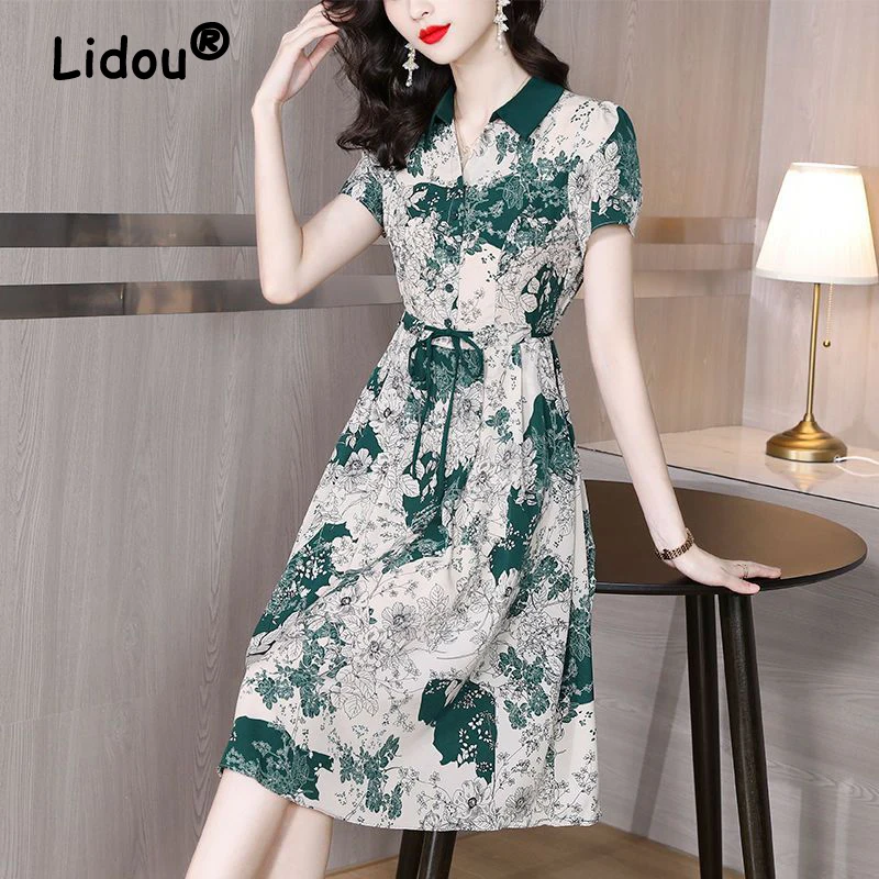 

Women's Korean Fashion Vintage Print Lace Up Elegant Party Dresses 2024 Summer Short Sleeve Slim Midi Dress High Waist Vestidos