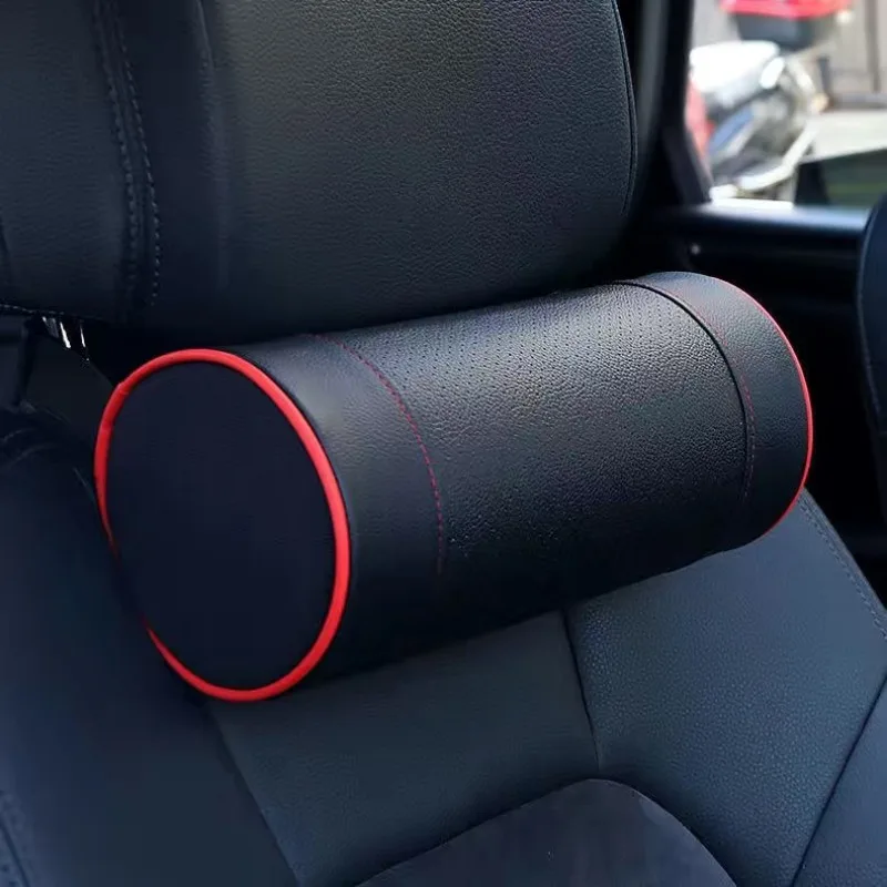 Memory Foam Car Neck Pillow/Genuine Leather Auto Cervical Round Roll Office Chair Bolster Headrest Supports Cushion Pad Black