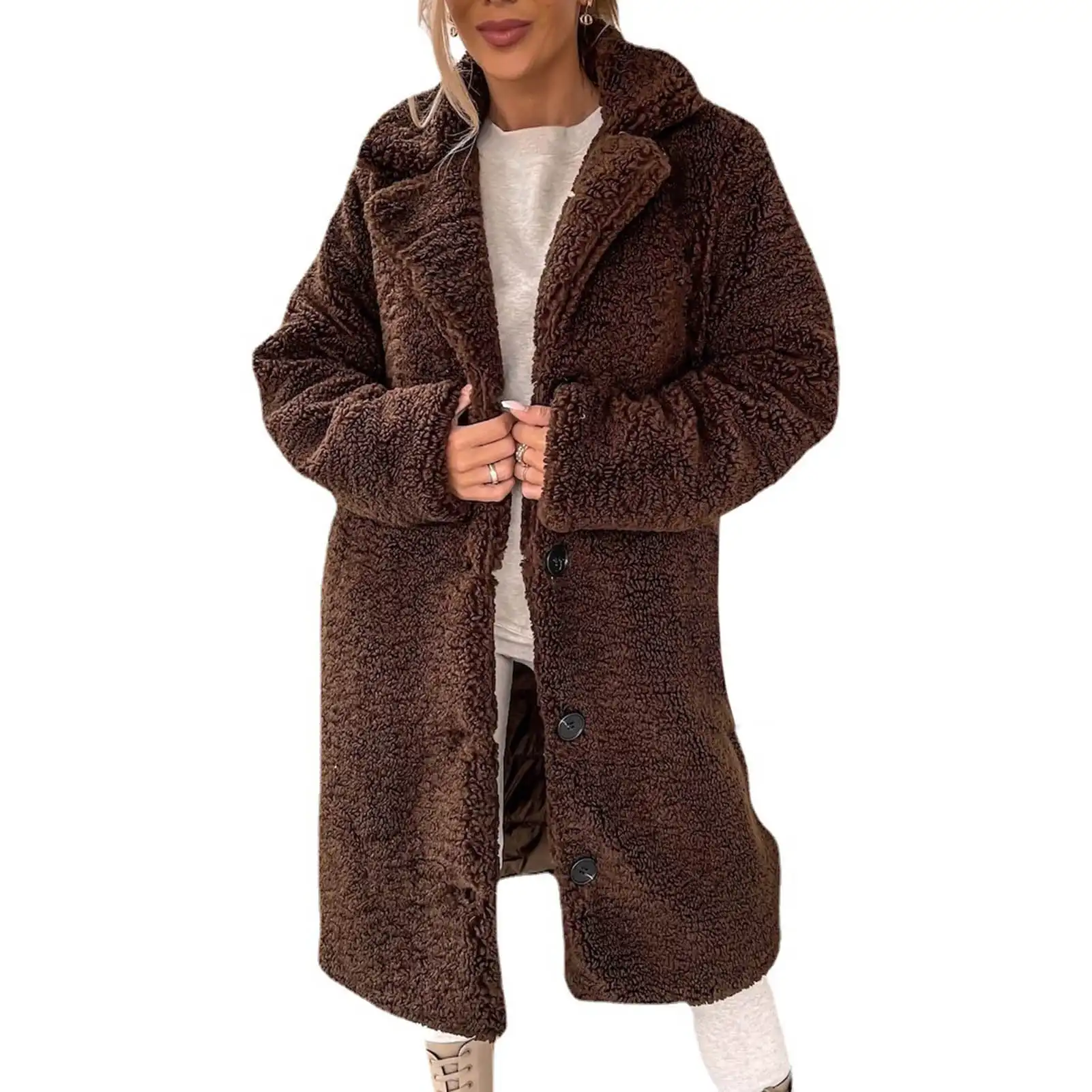 Women Winter Faux Fur Button Coat Warm Loose Teddy Fuzzy Fleece Sherpa Long Sleeve Lapel Jacket Clothes with Pocket