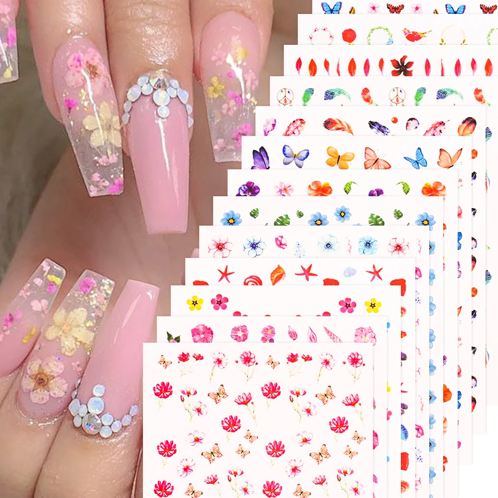 

16pcs Colorful Butterfly Flower Nail Art Sticker 9.5*7cm 3D Starfish Floral Adhesive Sliders For Nail Tips Beauty Manicure Decal
