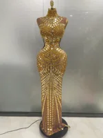 Luxury Shiny Mirror Rhinestones Hollowed-out Long Dress 2025Women Celebrity Evening Party Catwalk Prom Stage Photo Shoot Dresses
