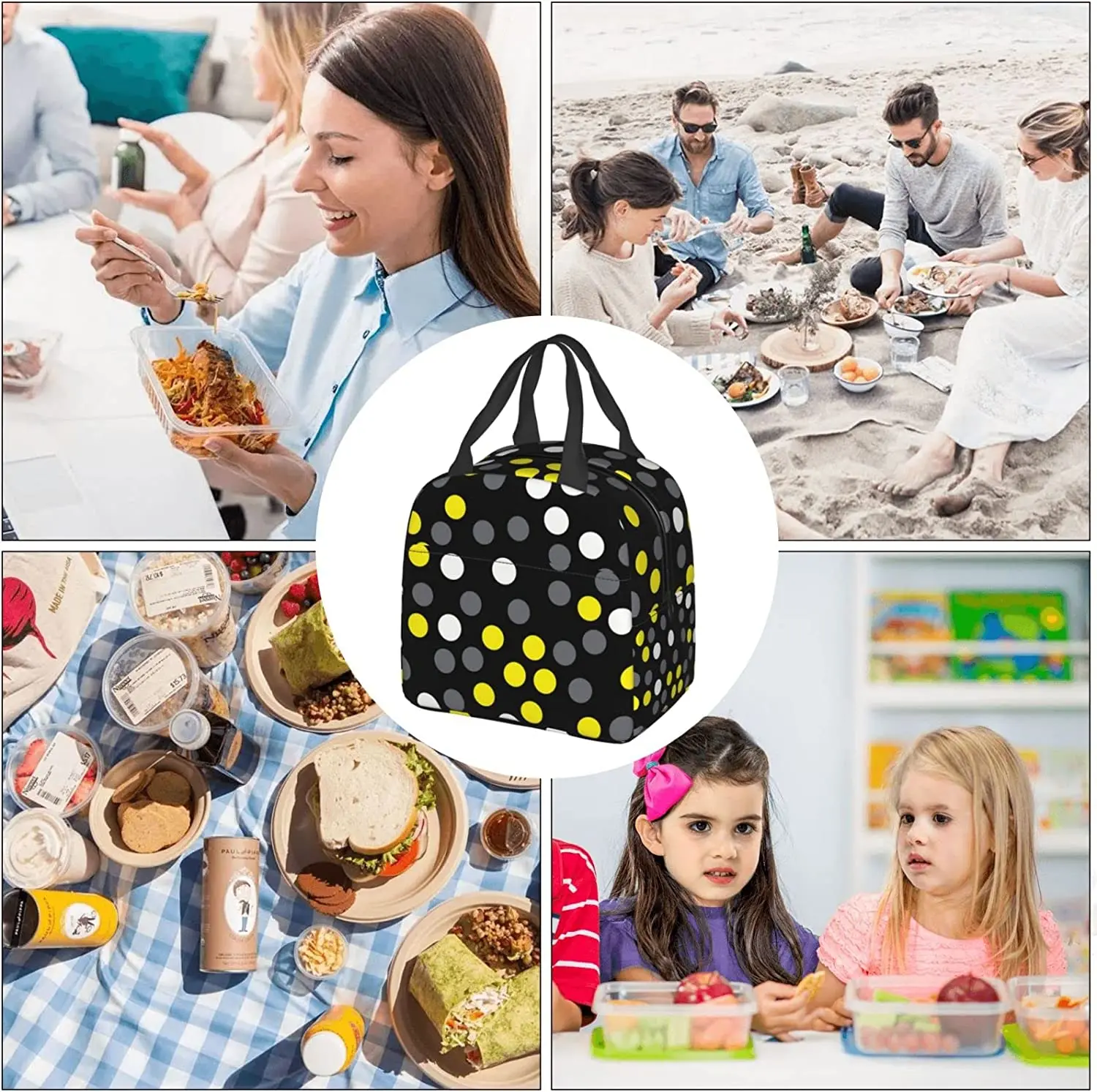 Yellow White Black Polka Dot Lunch Bag for Men Women Kids Portable Insulated Tote Bento Box Bags Reusable Cooler Picnic Package