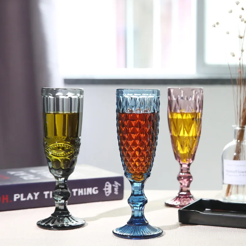 1 Piece 150ml 5oz Vintage Embossed Heavy Thick Clear Pink Green Blue Grey Colored Champagne Flute Glasses Goblet Cup 3