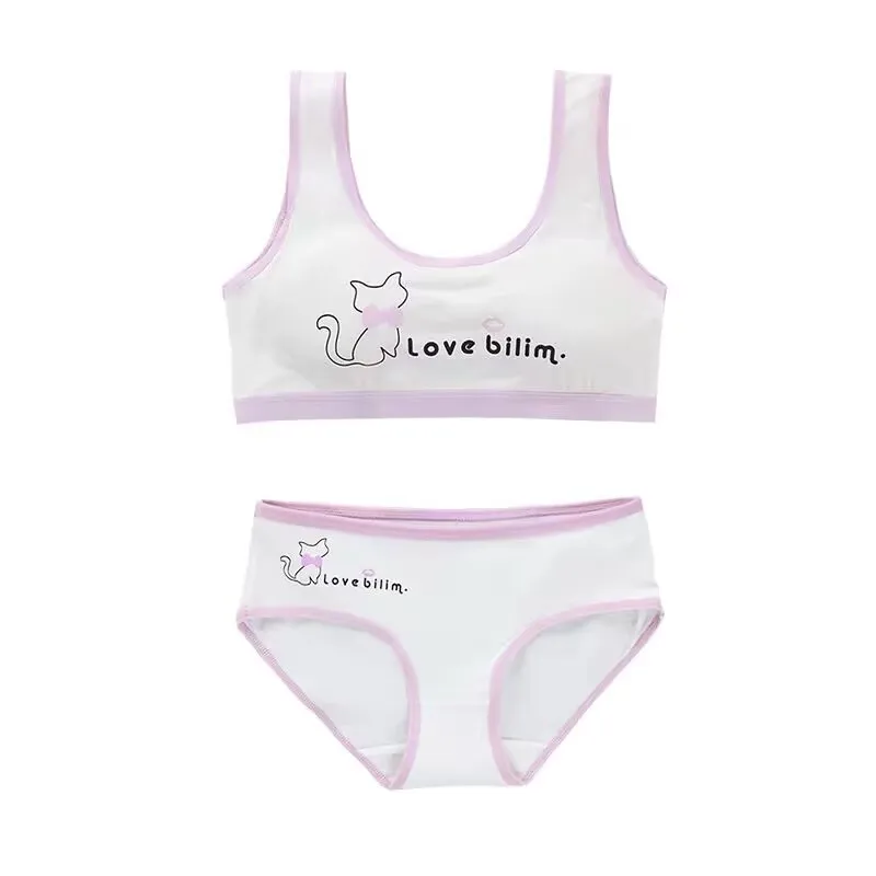 Teenage Girls Underwear Cotton-Padded Wireless Letter Print Small Bra Panty Set For Children Young Girls Sports Runnin Crop Tops