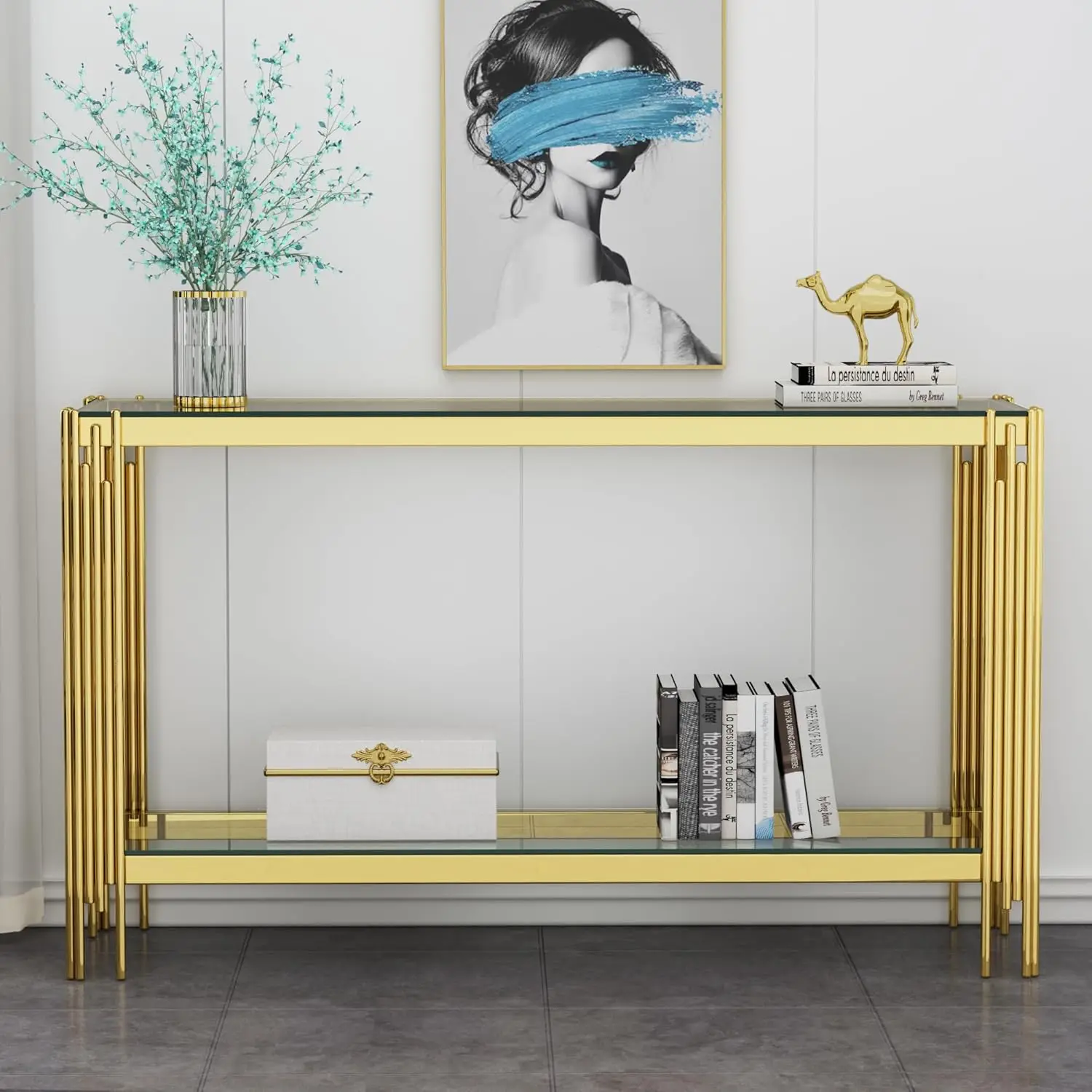 Clear Glass Console Table with Gold Stainless Steel Frame, 55" Entryway Table Modern Accent Sofa  Elegant Hallway e