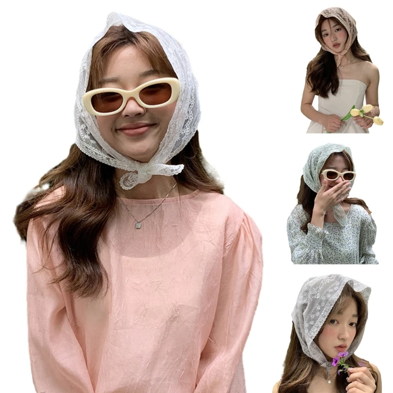 

Прозрачная солнцезащитная бандана с цветочным узором для девочек, кружевная треугольная повязка на голову для кемпинга 449B