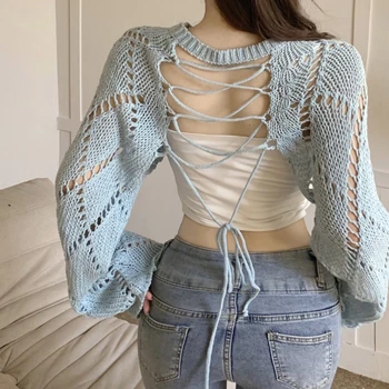 여성 긴팔 스웨터 + 베이직 캐미솔 투피스 수트, 한국 할로우 섹시 등 파임, 레이스업 단색, 2023 봄 신상