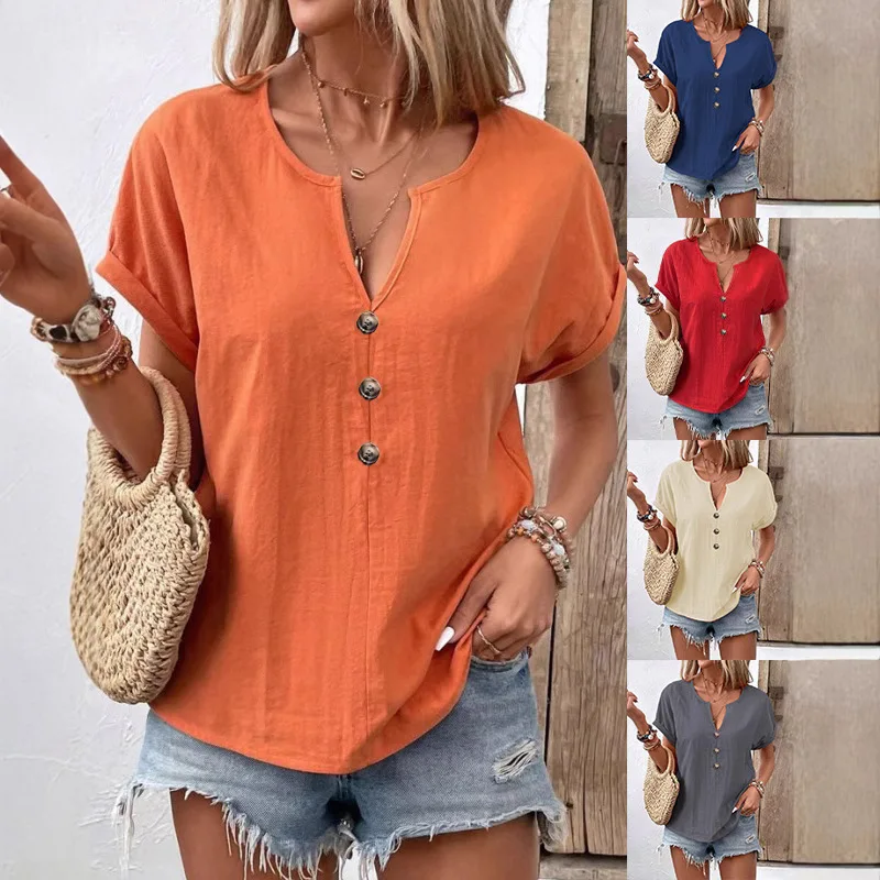 New women's shirts with V-shaped button blouses, loose short-sleeved solid color casual summer t-shirts for daily wear for ladies.