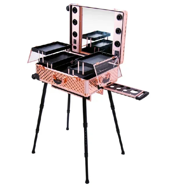 Black Table Beauty Case with Bulbs LED White Light Rolling Studio Makeup Artist Cosmetic Box with Light Leg Mirror Train
