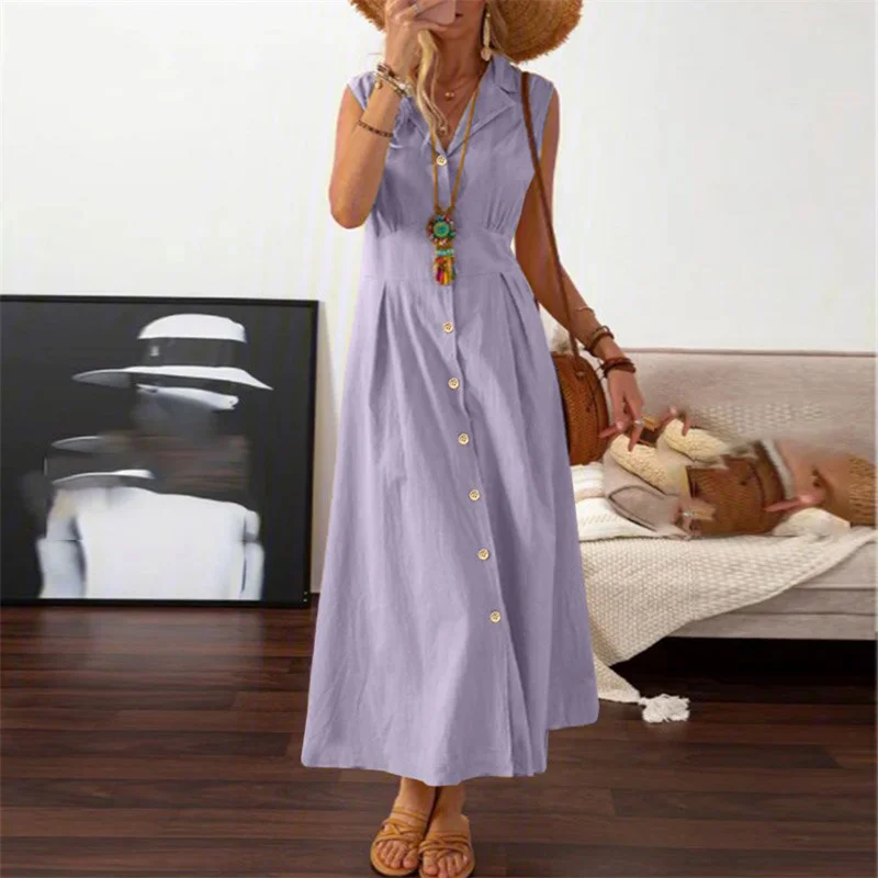 Beach Dress Women Solid Color Turn Down Collar Single Breasted Sleeveless A Line Long Dresses Vacation Party Dresses