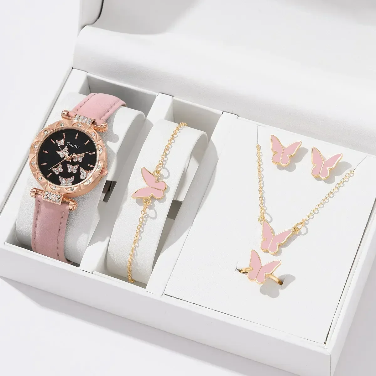 6/1pcs Set Women Watch Ring Necklace Earrings Bracelet Set Watches Butterfly Leather Strap Ladies Quartz WristWatch (No Box) 6