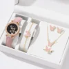 6/1pcs Set Women Watch Ring Necklace Earrings Bracelet Set Watches Butterfly Leather Strap Ladies Quartz WristWatch (No Box) 6