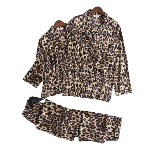 같은 스타일 남성 여성 레오파드 잠옷 옷깃 잠옷 연인 홈 의류 Nightwear 셔츠 바지 아이스 실크 커플 2Pcs 6