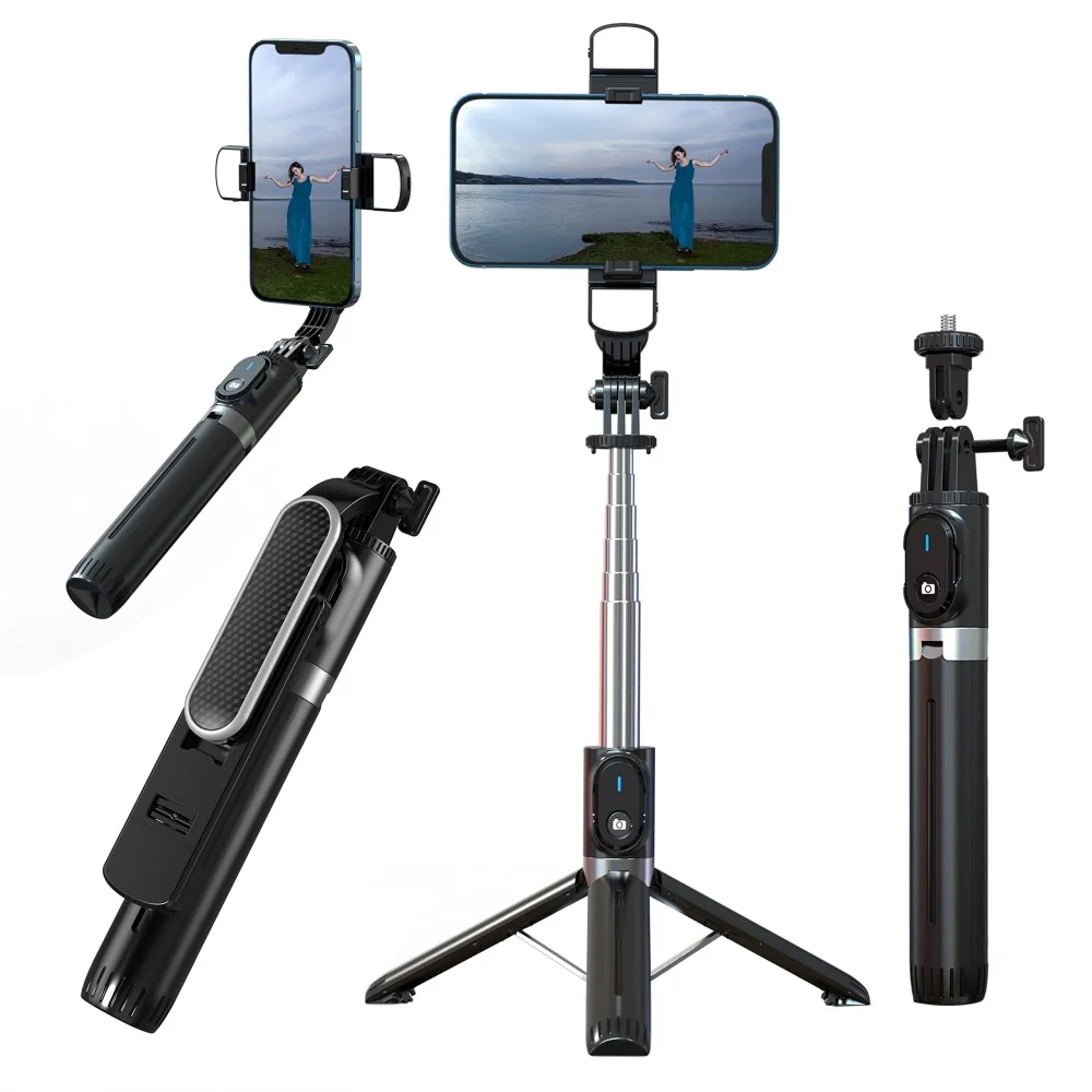 P93 Selfie Stick Tripod with Remote 1.3m Extendable Cell Phone Tripod with Light Gopro Compatible for IPhone, Android, Camera
