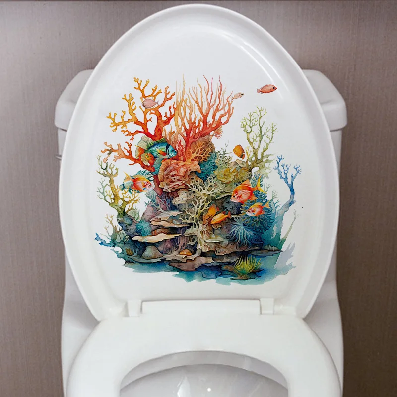 Toilet Wall Stickers T743#Underwater World Self Adhesive Mural Bathroom Toilet Decor Living Room Cabinet Home Decoration