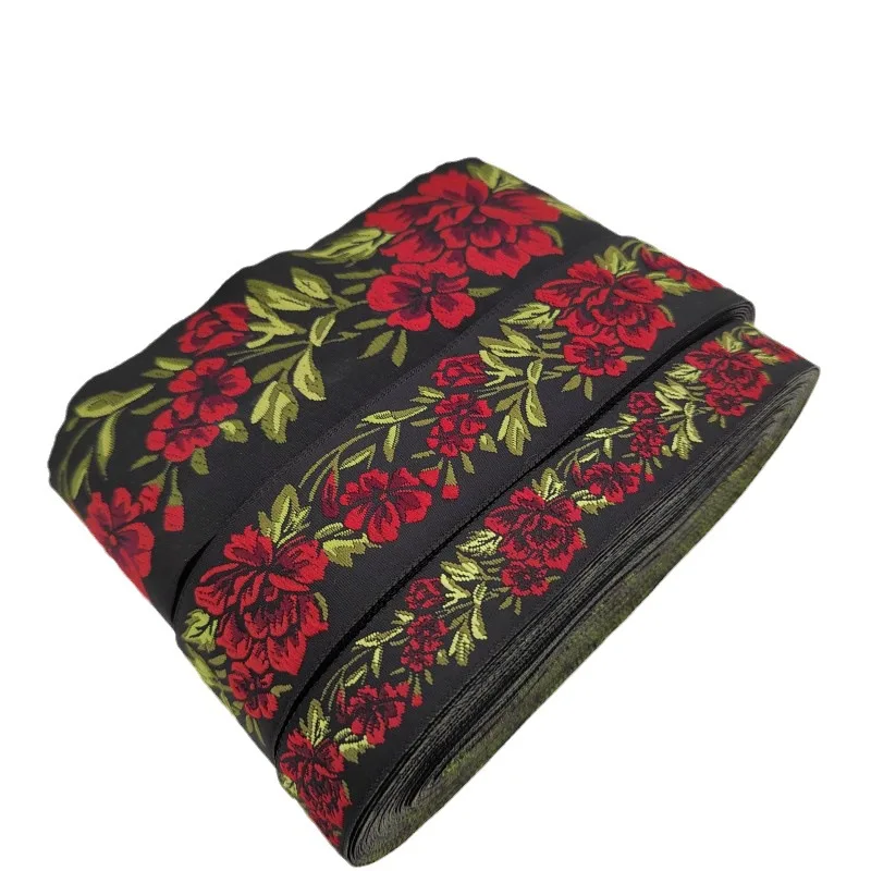 Golden Rose Flower Embroidered Jacquard Ribbon Trim, 10 Yards