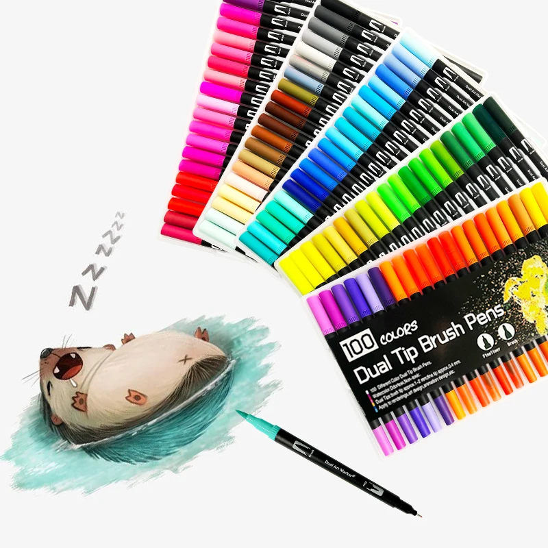 24/48/60/100 색상 듀얼 팁 마커 펜 워셔블 세트 소프트 파이버 브러쉬 펜 파인 펜촉 아트 드로잉 용품 편지지