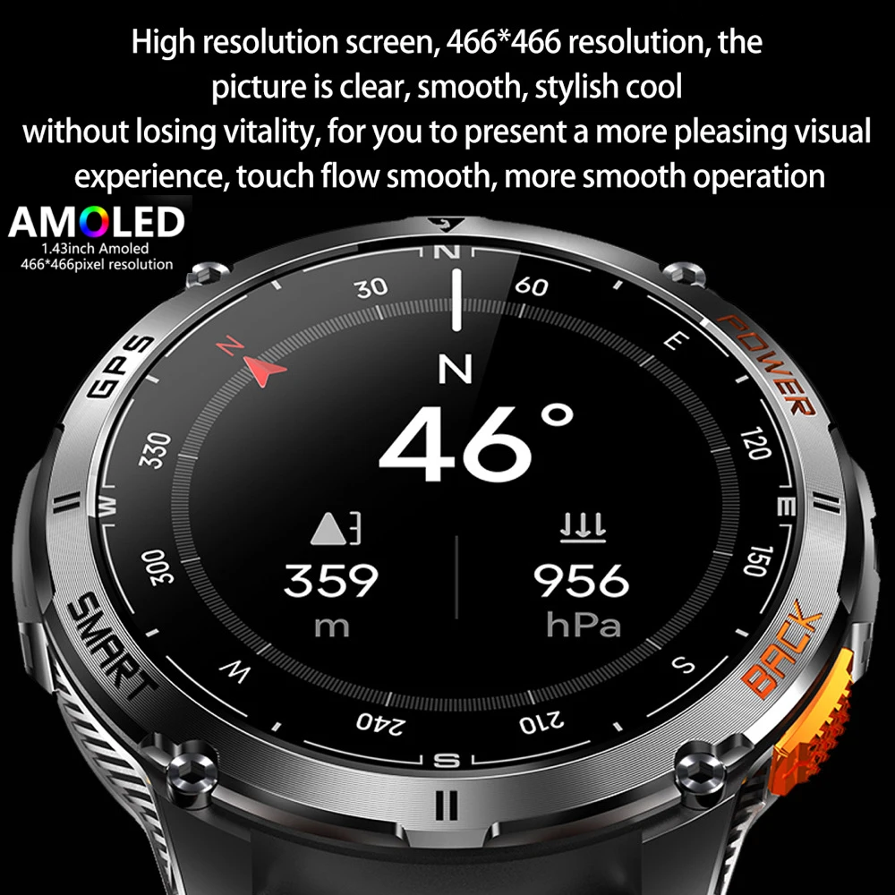 Smartwatch Sportivo GPS con Schermo AMOLED, Impermeabile IP68, Torcia LED, Bussola, Orologio da Uomo per Attività all'Aperto, Monitoraggio Salute, 530mAh, Musica - immagine 3