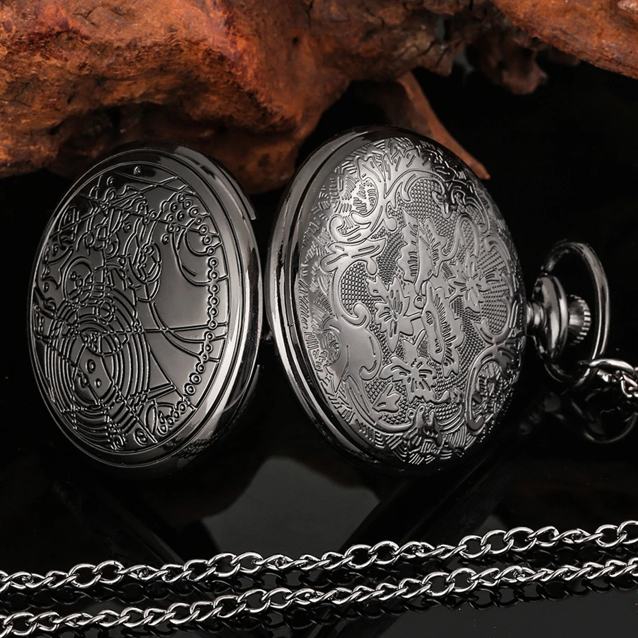 Famous Movie Time Lord Portable Watches Space Exploration Hero Design Quartz Pocket Watch Black Vintage Cosplay Gifts with Chain quartz watch pocket watch