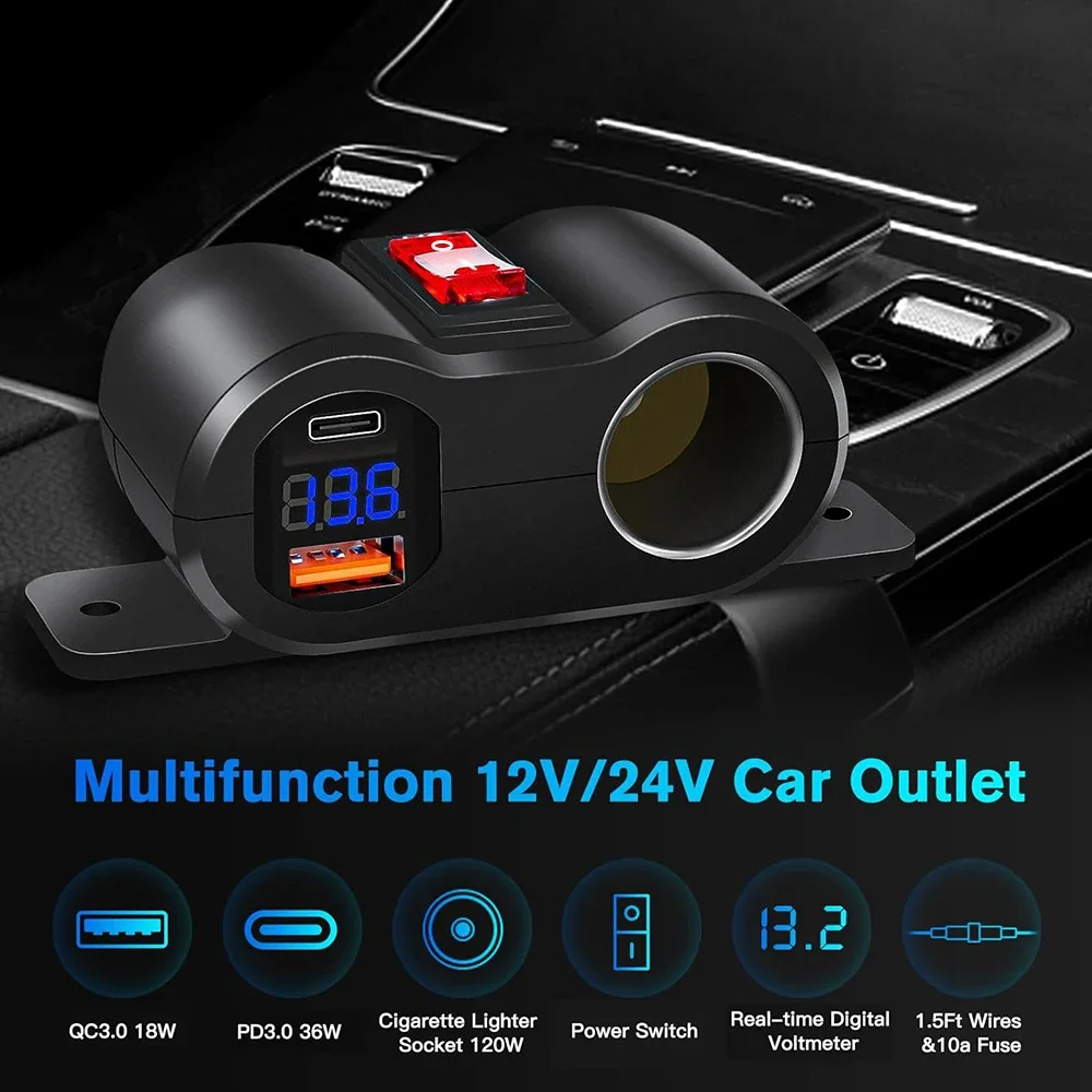 12V 차량용 충전기 전원 어댑터 QC3.0 & PD3.0 아울렛 시가 라이터 소켓 스플리터 LED 볼트미터 포함 RV 해양 보트용