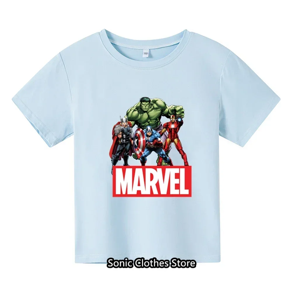 thumbnail image 1 of 2024 Nueva camiseta de algodón estampada para niños y niñas con patrón Marvel, camiseta de manga corta de verano para niños, 1 of 5
