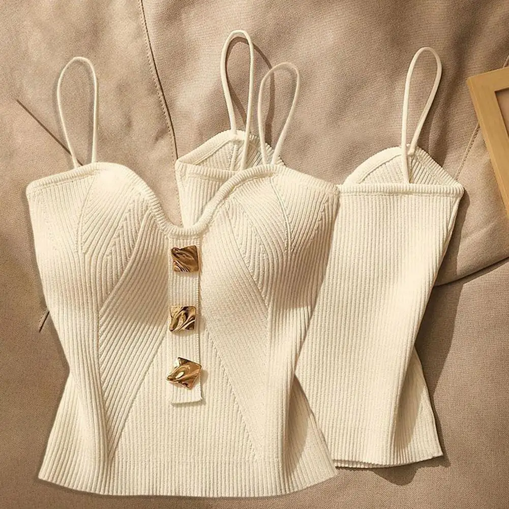 

Women Vest Stylish Women's Knitted Crop Top with Padded Spaghetti Straps Backless Design V Neck Button Decor Camisole for A