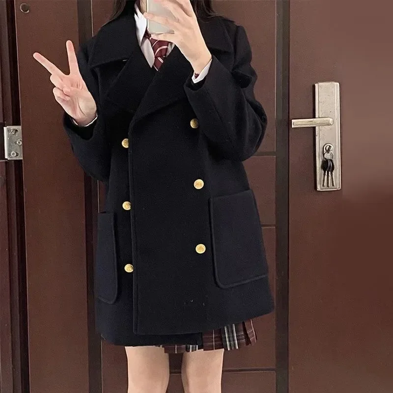 

Sandro Rivers Mid-Length Coat Women's Woolen Overcoat Autumn and Winter Women Double-Breasted JK Uniform Preppy Style Coat