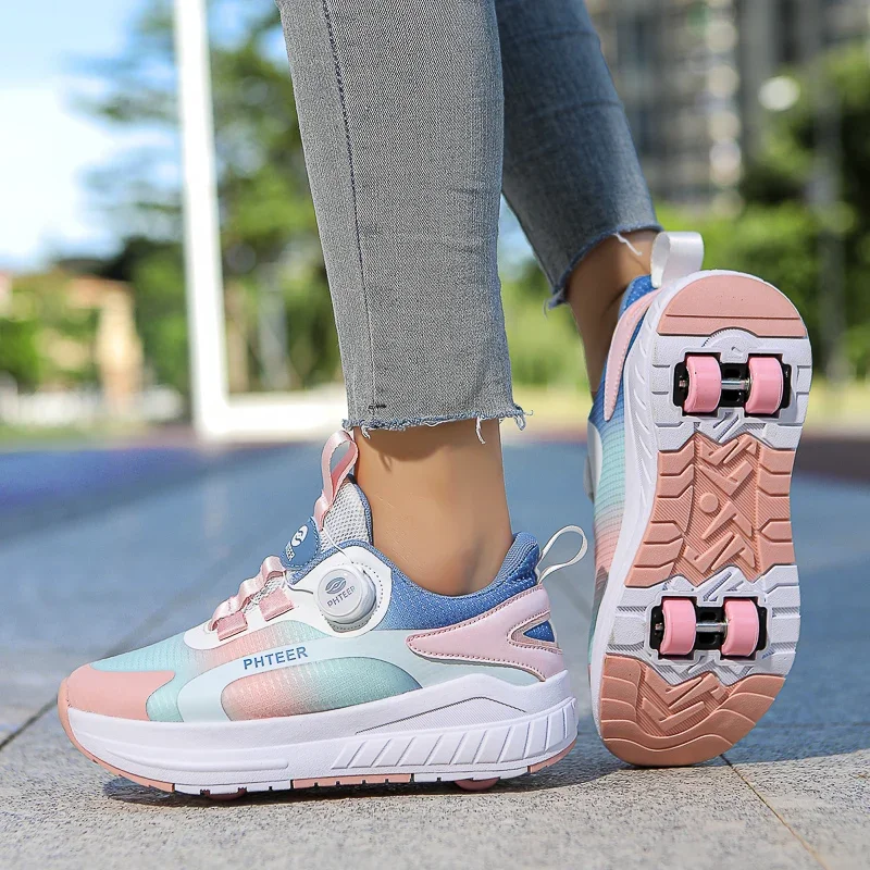 Children's Casual Sports Shoes Rotating Buckle Comfortable Breathable Trendy Gradient Boys and Girls Roller Skates Running Shoe