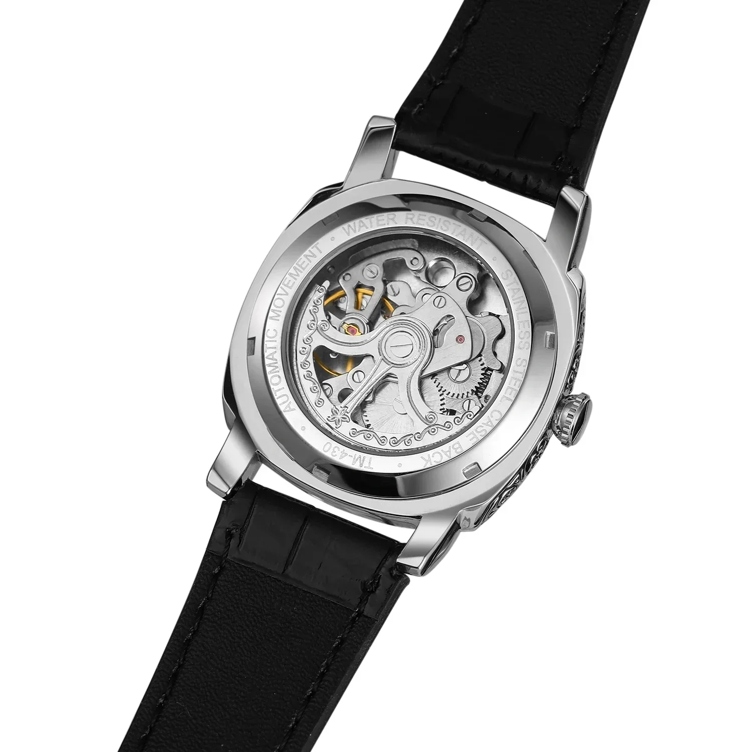 NEW Forsining Top Brand Mechanical Male Wristwatch Square Engraved Vintage Pirate Leather Strap Luminous Hands Men Watch 3