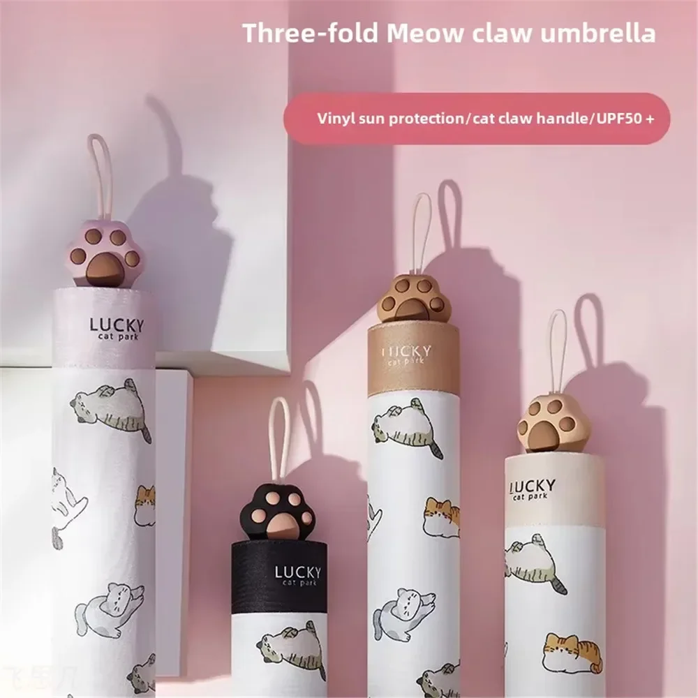 Folding Umbrella Automatic Umbrella Sun Umbrella Umbrella Hat Capsule Umbrella Lace Umbrella Cute Cat Claw Handle Umbrella Patio Umbrella UV for Sun and Rain Parasol Woman Girl Gift