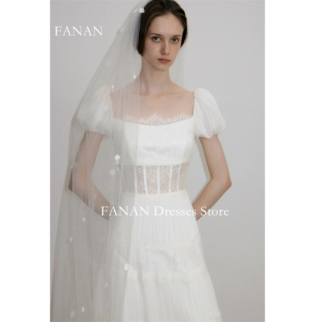 Fanan Korea Puff Sleeves Wedding Dresses  웨딩드레스 Chiffon Square Neck Lace Custom Made Ruched Photoshoot Bride Gowns Plus Size 6