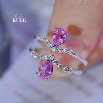 KUGG 100% 18K White Gold Rings Elegant Crown Design Shiny Diamond Natural Pink Sapphire Engagement Ring for Women Party Jewelry