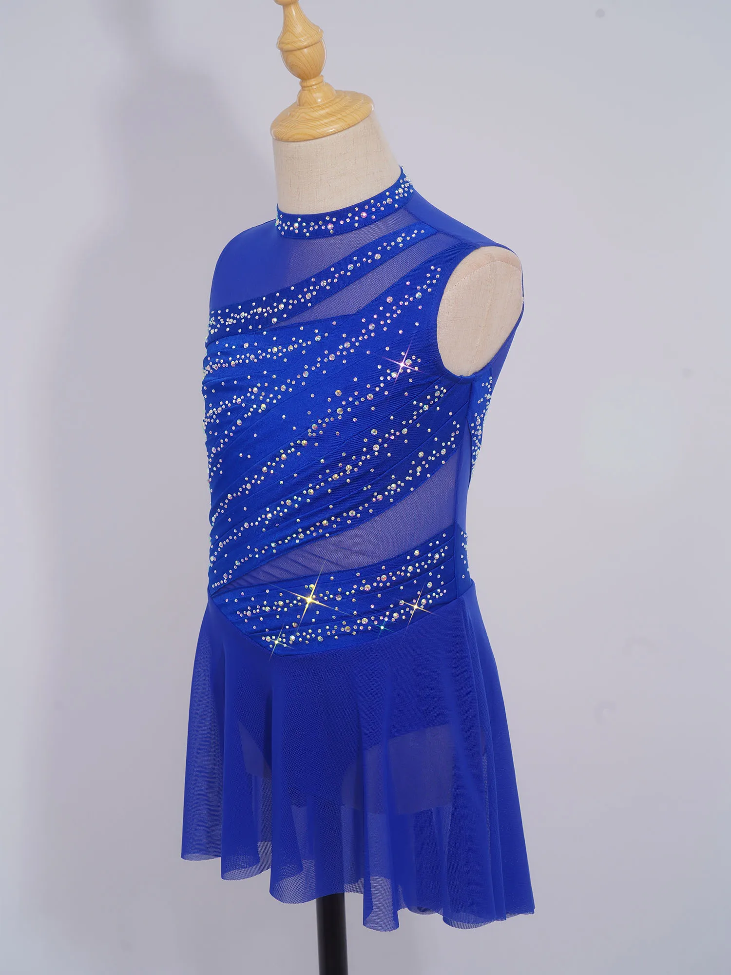 Modernes lyrisches Tanzkleid für Kinder, Mädchen, Strass, ärmellos, durchsichtiges Netz, Ballett-Gymnastik-Trikot für Eiskunstlauf-Performance – Detail 31