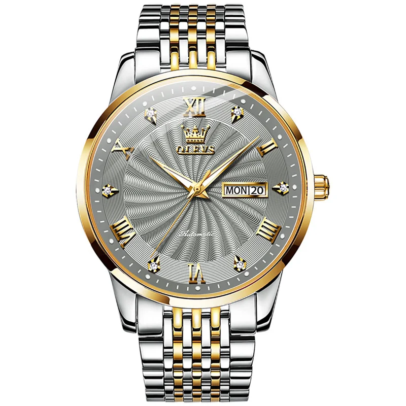 

OLEVS Rotating Grey Dial Men's Watch Automatic Male Luxury Brand Famous Waterproof Luminous Calendar Mechanical Watches Relogio