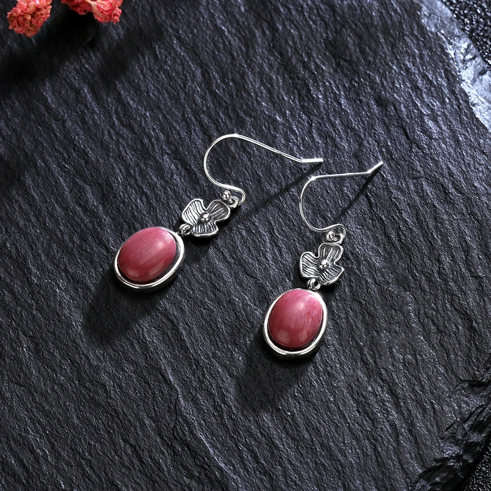 

925 Sterling Silver Earring Natural Rhodochrosite Fine Jewelry Flower Shape Vintage Earrings for Women Tiger's Eye Stone Earring
