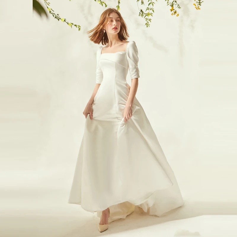 Vintage Satin half-Sleeve Wedding Dresses Off The Shoulder A-line lace-up Sash Bride Wedding Gowns Boho Vestido de Noiva 3