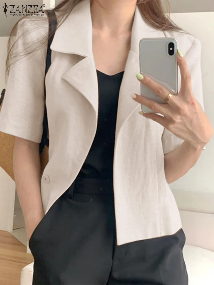 

ZANZEA Korean Fashion Summer Women Blouse Casual Solid Work Tops OL Suits Shirt 2023 Elegant Lapel Neck Short Sleeve Thin Blazer
