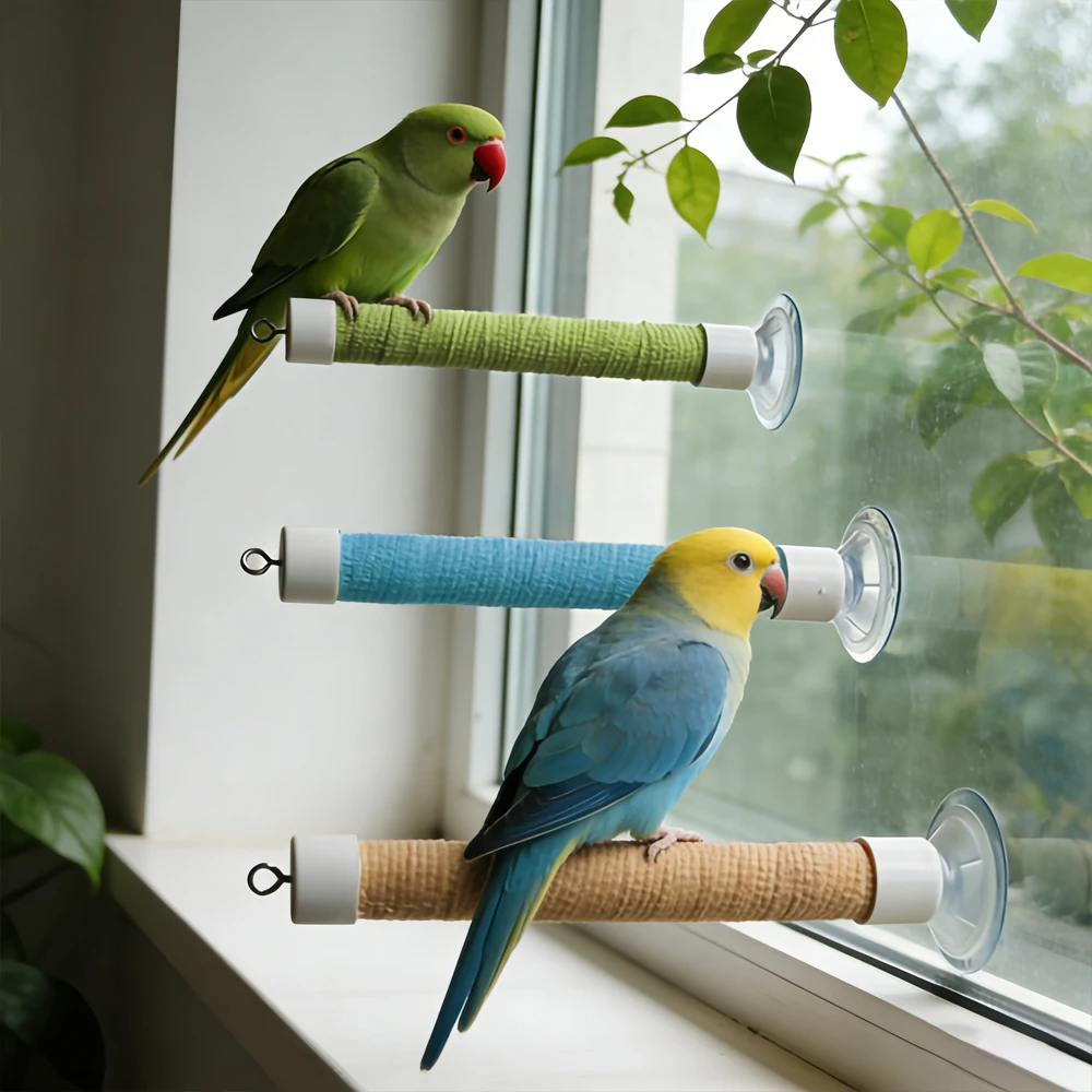 1 Conjunto de Poleiro para Pássaros com Ventosa para Vidro de Janela e Espelho, Barra de Apoio Portátil para Papagaios, Acessório de Brinquedo de Viagem para Periquitos e Animais de Estimação, Alívio do Tédio