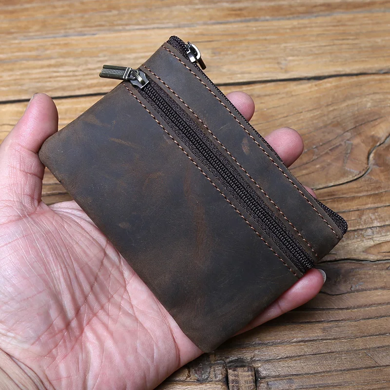NZPJ Men's Real Leather Card Bag Vintage  First Layer Cowhide Lady's Change Purse Zipper Wallet Key Bag Driver's License Bag