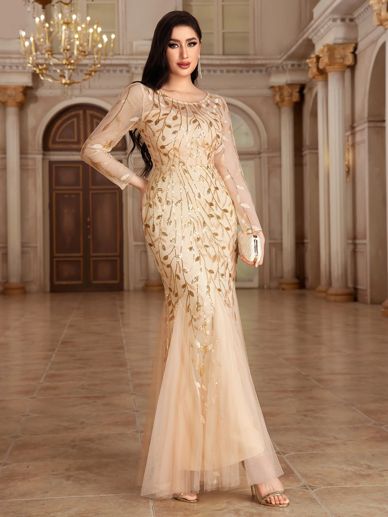 فستان سهرة حورية البحر بأكمام كاملة ، رقبة دائرية...