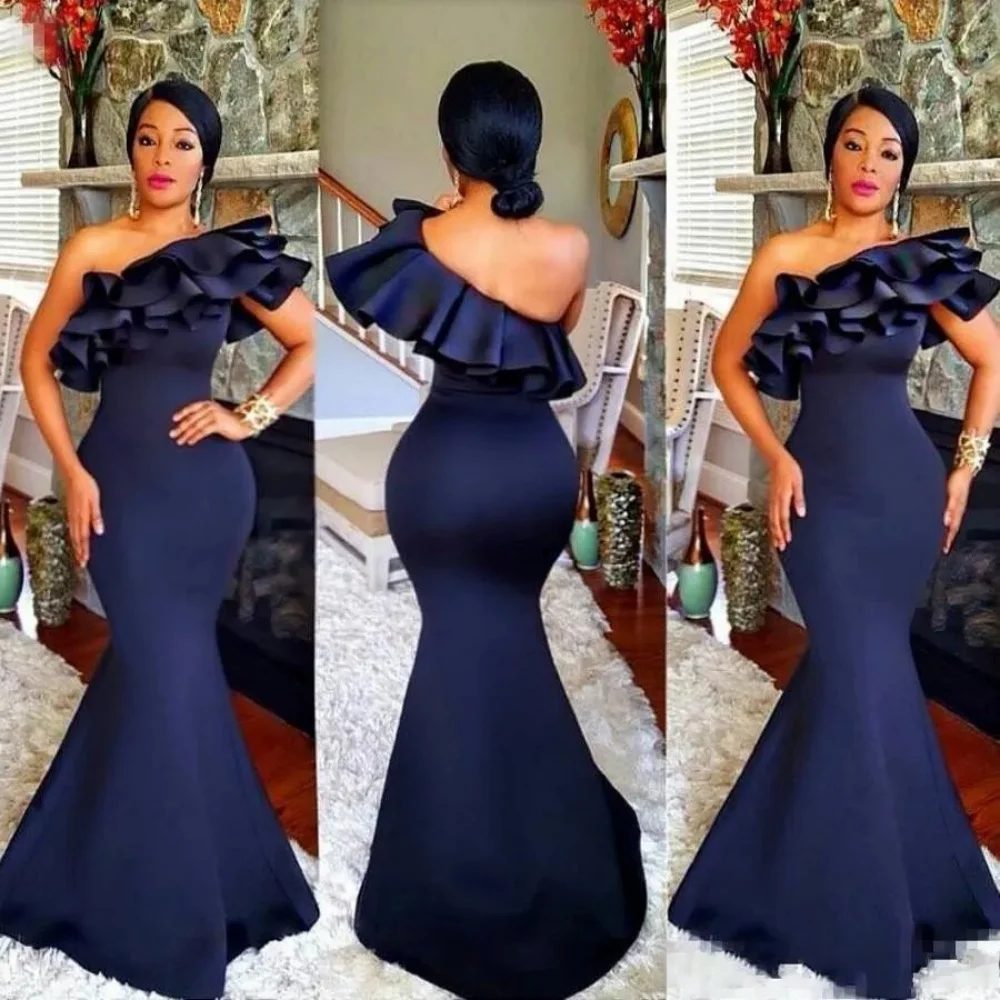 Navy Blue Formal dress Off The Shoulder Prom Dresses Ruffles Satin Mermaid Long Bridesmaid Gowns Vestidos De Gala 2024 Custom elegant purple mermaid bridesmaid dresses 2019 formal wedding party sweetheart neck satin long bridesmaid gowns vestido de festa