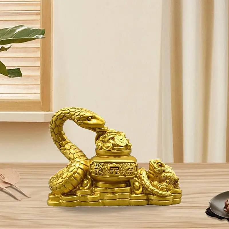 Year Of The Snake 2025 Retro Gold Feng Shui Snake Toad Statue Figurine Coin Money Wealth Luck Figurine Home Director Accessories