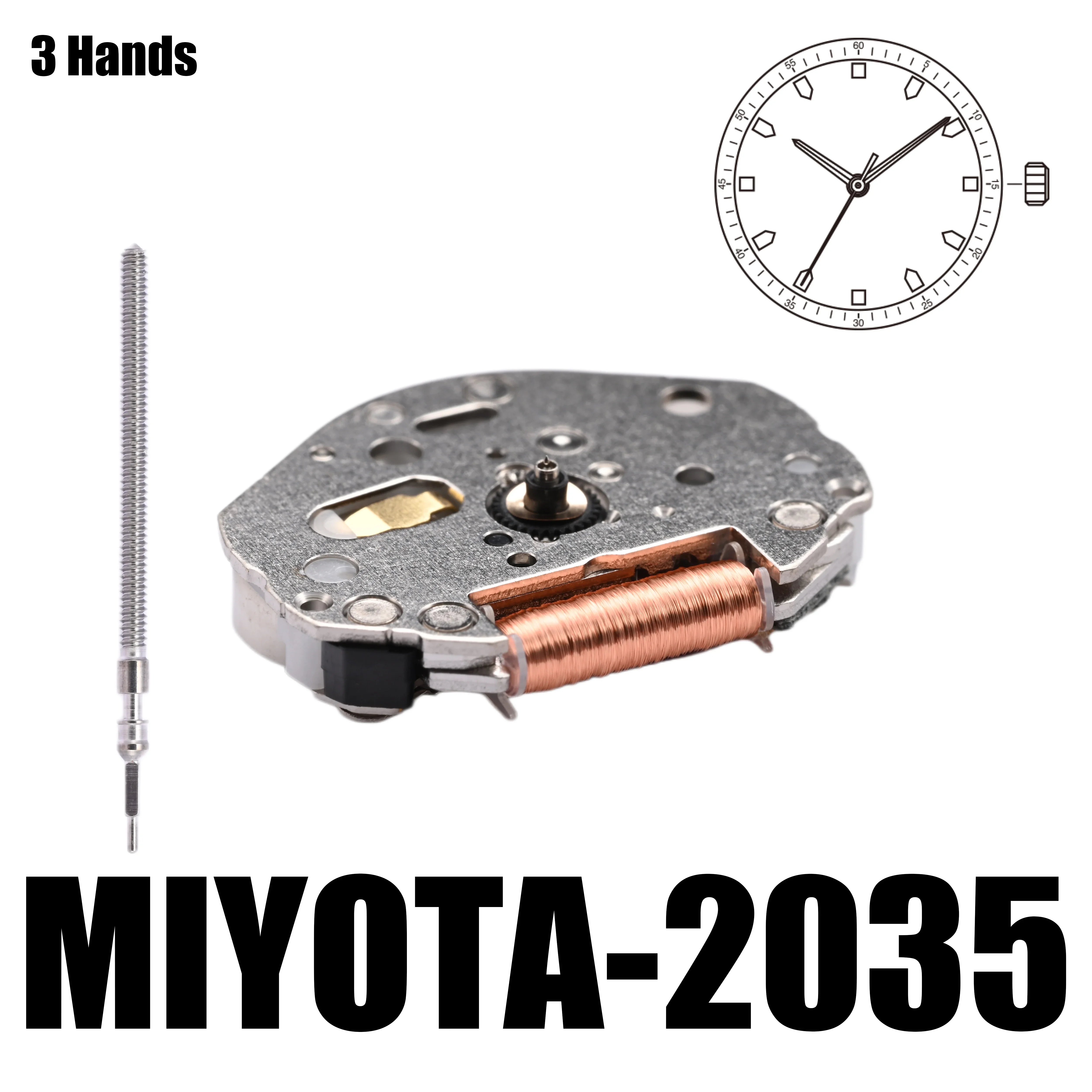 2035 Movement Miyota 2035 Movement White 3 Hands Size:6 3/4×8''' Heigh:3.15mm -YOUR ENGINE- Metal movement made in Japan.