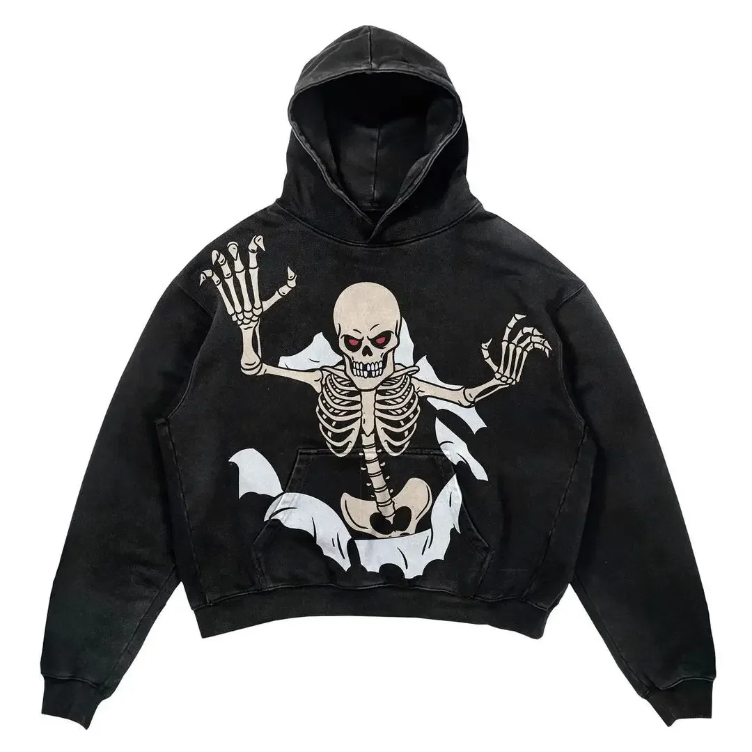 Y2K2023 European and American premiere high street skull print black hoodie men's and women's pullover hooded long sleeved top