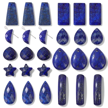 Natural Lapis Lazuli Stone Pendant Charm Waterdrop Square Round Heart Shape Accessory For Making Bracelet Necklace Earring 2pcs 1