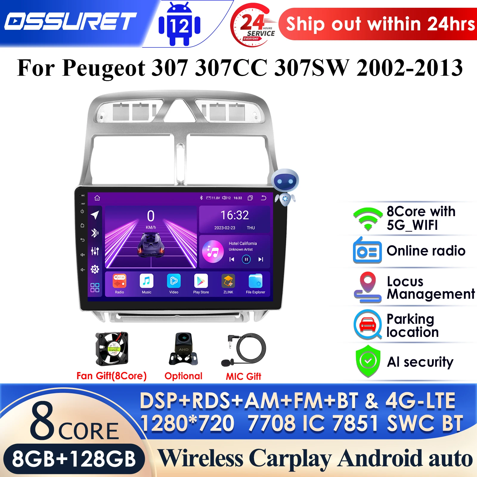 Autoradio Per Peugeot 307 307Cc 307Sw 2002 - 2013 Lettore Video Multimediale 2Din Autoradio Head Unit 7862 Dsp Pro Ai Voice Rds Dab