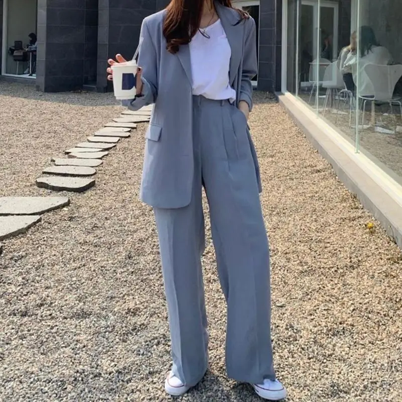 Spring Autumn Women Casual Blazers Trousers 2 Piece Pants Set Korean Chic Office Lady Graceful Solid Suit Coat Fashion Outerwear