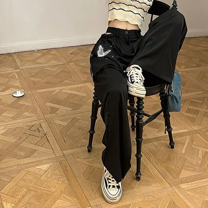 Spring new fashionable straight leg wide leg pants, high waisted hollow out long pants, loose casual pants for women