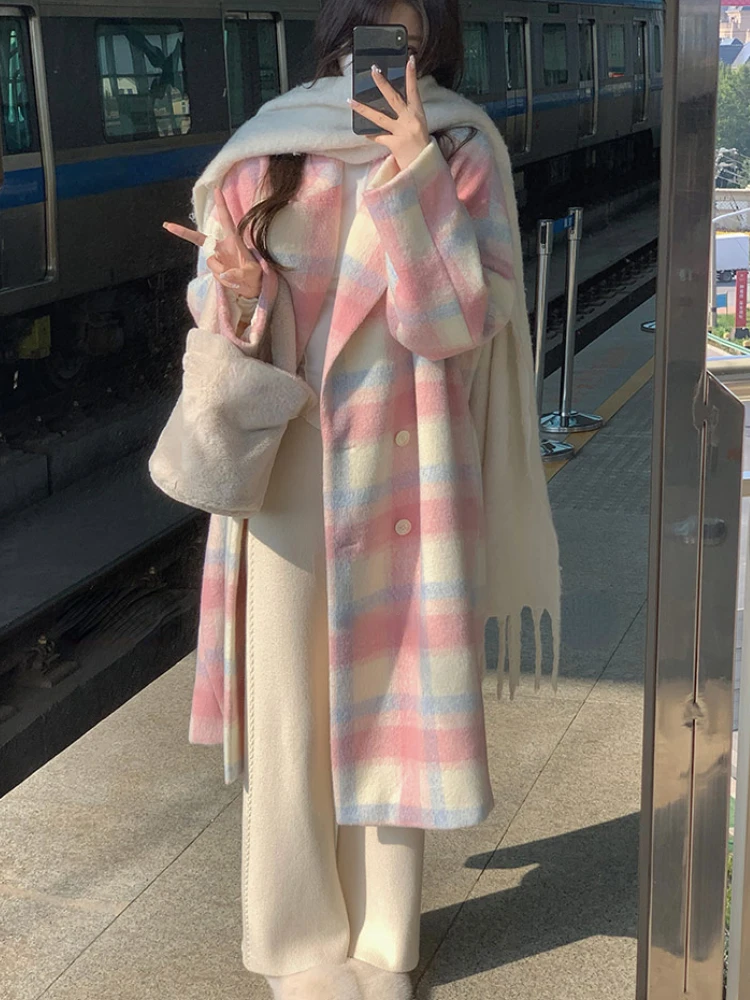 2023 Winter Rainbow Woollen Coats Women Casual Warm Loose Plaid Long Coats Female Korean Fashion Office Lady Trench Jackets Y2k