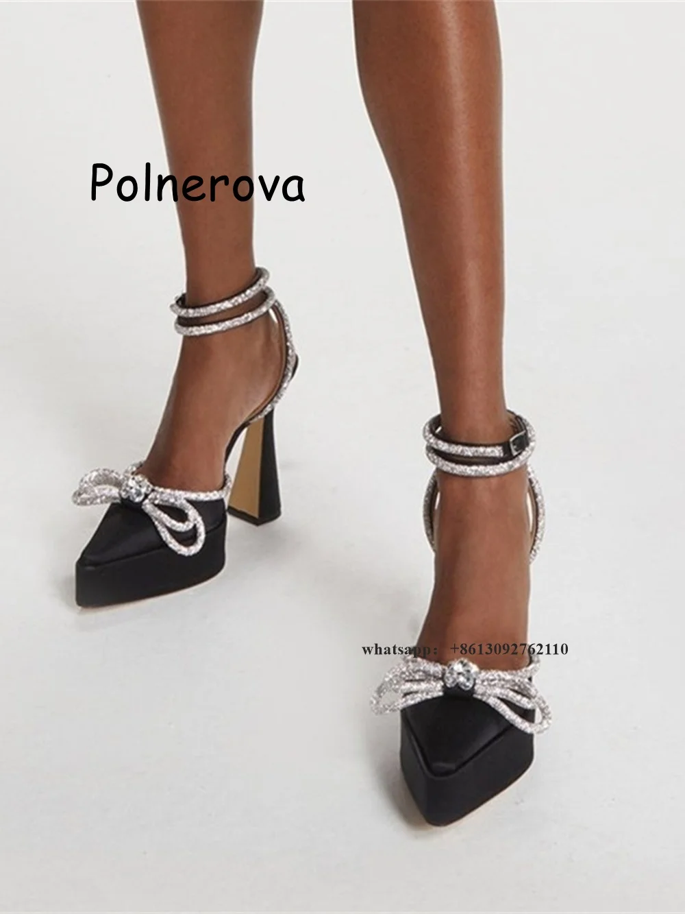 

Crystal Butterfly Knot Sandals Pointed Toe Buckle Ankle Wrap Narrow Band High Thin Heels Solid Platform Casual Fashion Women